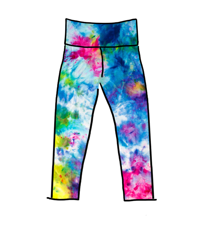 Drawing of Thunderpants Organic Cotton 3/4 Leggings in a Ice Dye multi-color tie-dye.
