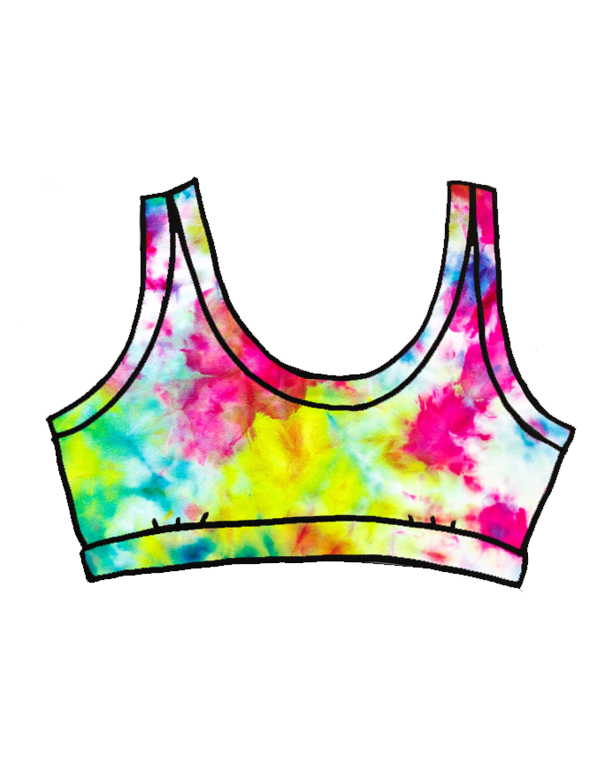 Drawing of Thunderpants Organic Cotton Bralette in a hand dyed Ice Dye multicolored tie-dye.
