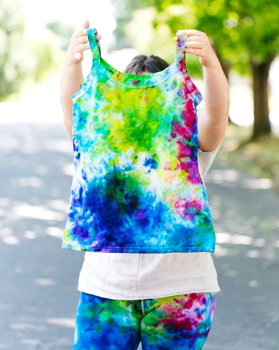 Image of Thunderpants organic cotton Camisole in hand dye Ice Dye multicolored tie-dye.