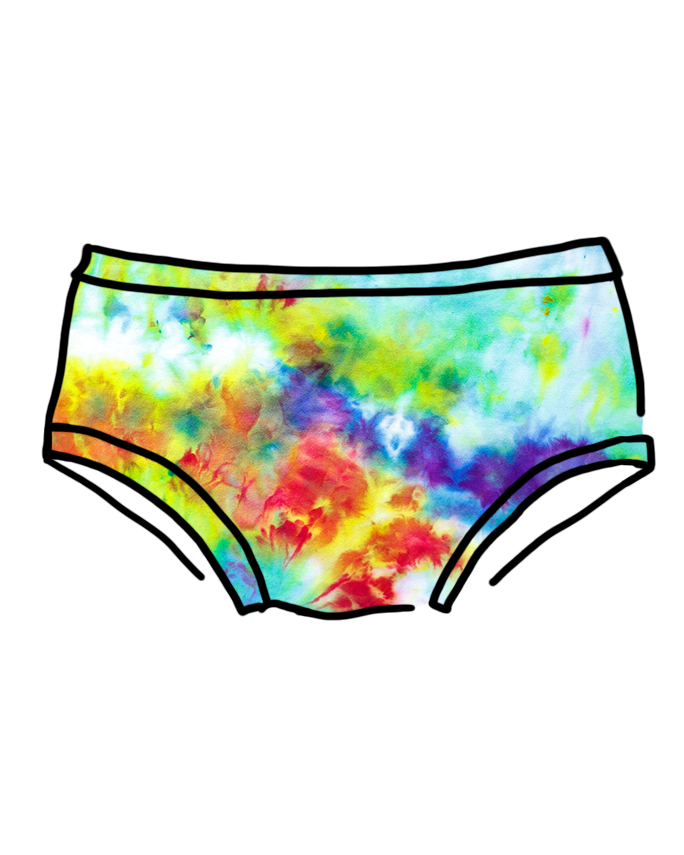 Drawing of Thunderpants Organic Cotton Hipster style in a hand dyed Ice Dye multicolor tie-dye.