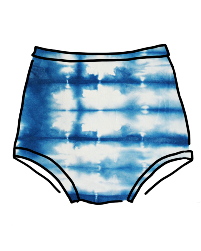 Drawing of Thunderpants Organic Cotton Sky Rise style underwear in a shibori hand dyed Indigo color.