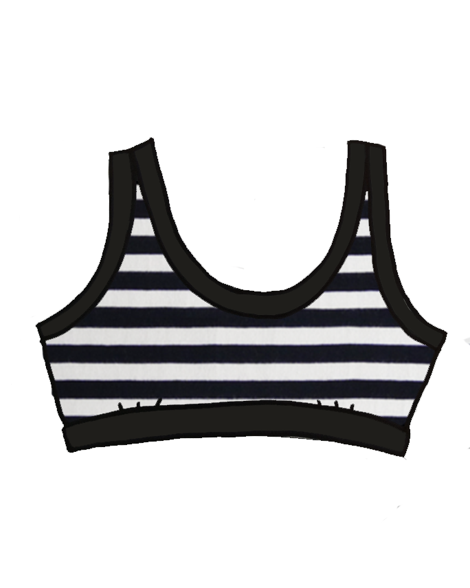 Drawing of Thunderpants organic cotton Bralette in black and white stripes.