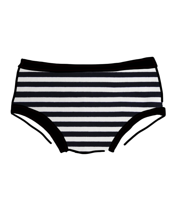 Drawing of Thunderpants organic cotton Hipster style underwear in black and white stripes.