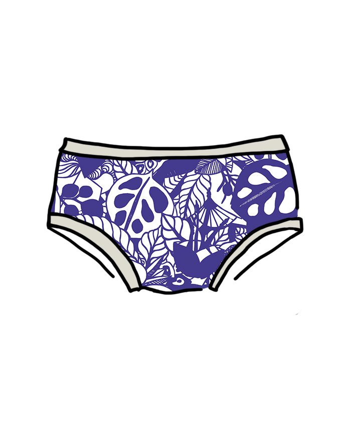 Drawing of Thunderpants brief style kids underwear in a blue jungle and floral print.