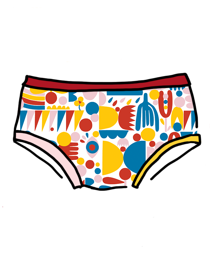 Drawing of Hipster style underwear in Balance by Lisa Congdon: geometric shapes in pink, red, yellow, and blue colors.