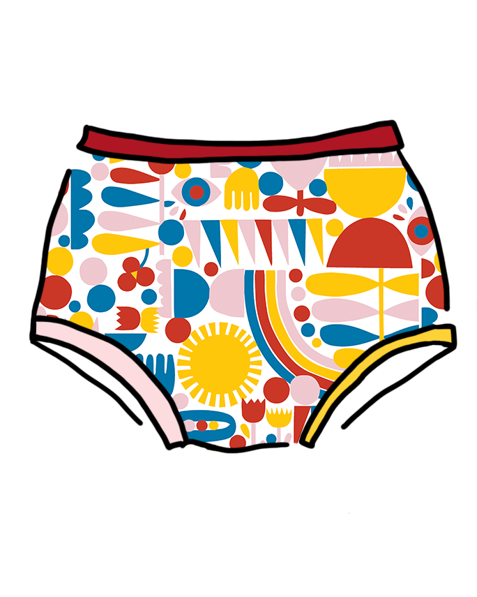 Drawing of Original style underwear in Balance by Lisa Congdon print: geometric shapes in pink, red, yellow, and blue colors.