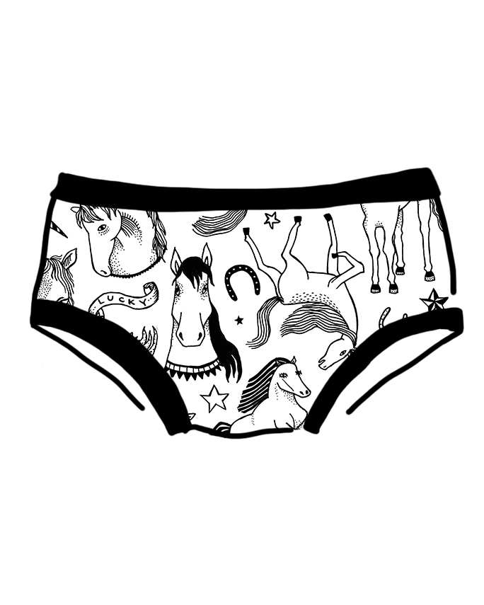 Drawing of Thunderpants organic cotton Women’s Hipster style underwear in a black and white horses print.