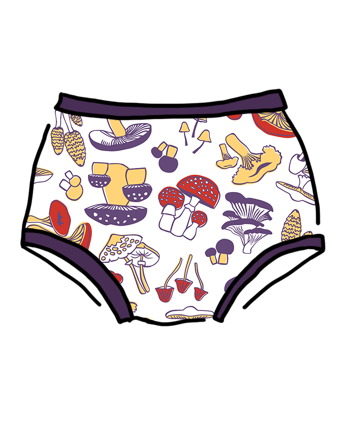 Drawing of Original style underwear in Mushroom Magic print: different kinds of mushrooms in red, yellow, and purple colors with dark purple binding.