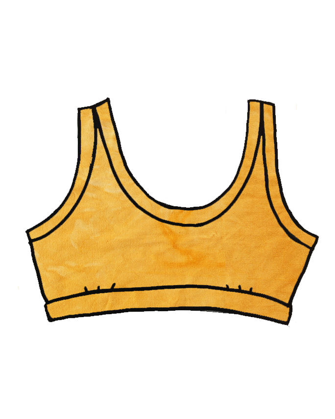 Drawing of Thunderpants organic cotton Bralette in limited edition hand dyed marigold color.