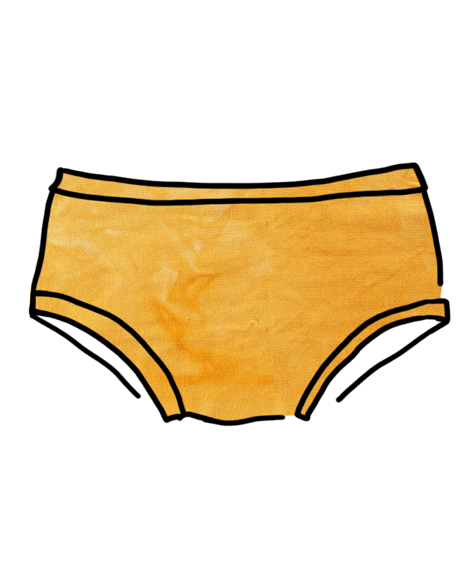 Drawing of Thunderpants organic cotton Women’s Hipster style underwear in limited edition hand dye marigold color.