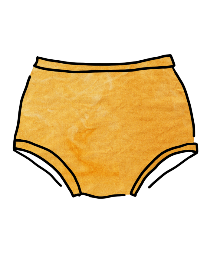 Drawing of Thunderpants organic cotton Women’s Original style underwear in limited edition hand dye marigold color.