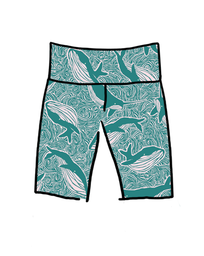 Drawing of Thunderpants organic cotton High Rise Bike Shorts in a teal whales print.
