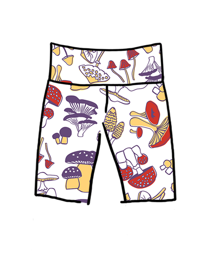 Drawing of Bike Shorts in Mushroom Magic print: different kinds of mushrooms in red, yellow, and purple colors.