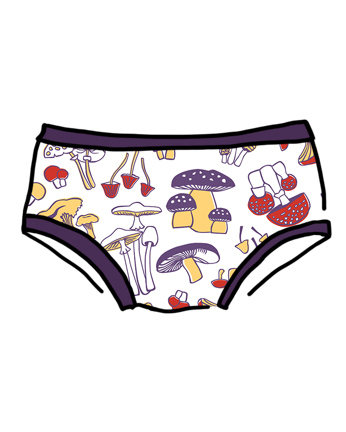 Drawing of Hipster style underwear in Mushroom Magic print: different kinds of mushrooms in red, yellow, and purple colors and dark purple binding.