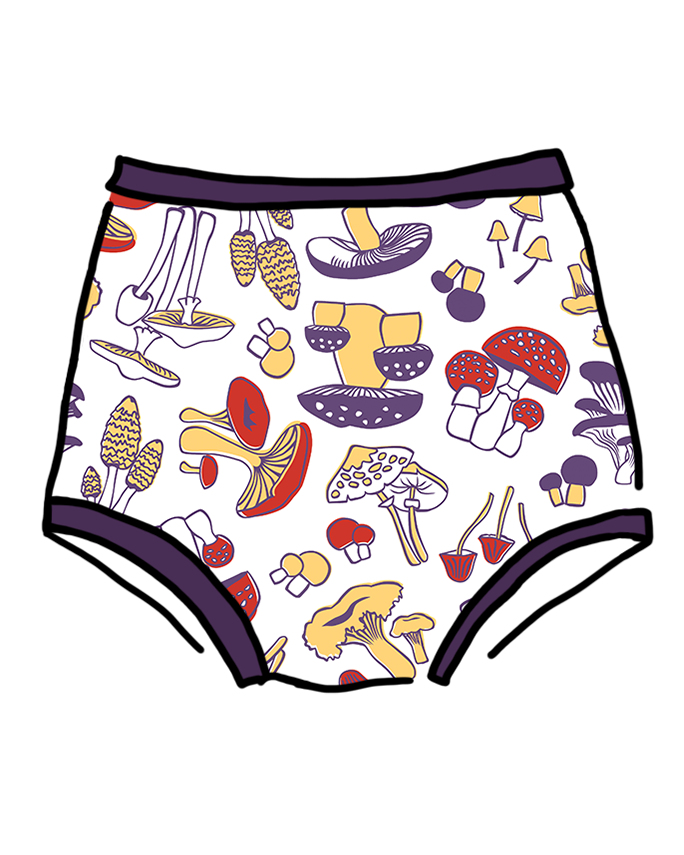 Drawing of Sky Rise style underwear in Mushroom Magic print: different kinds of mushrooms in red, yellow, and purple colors with dark purple binding.