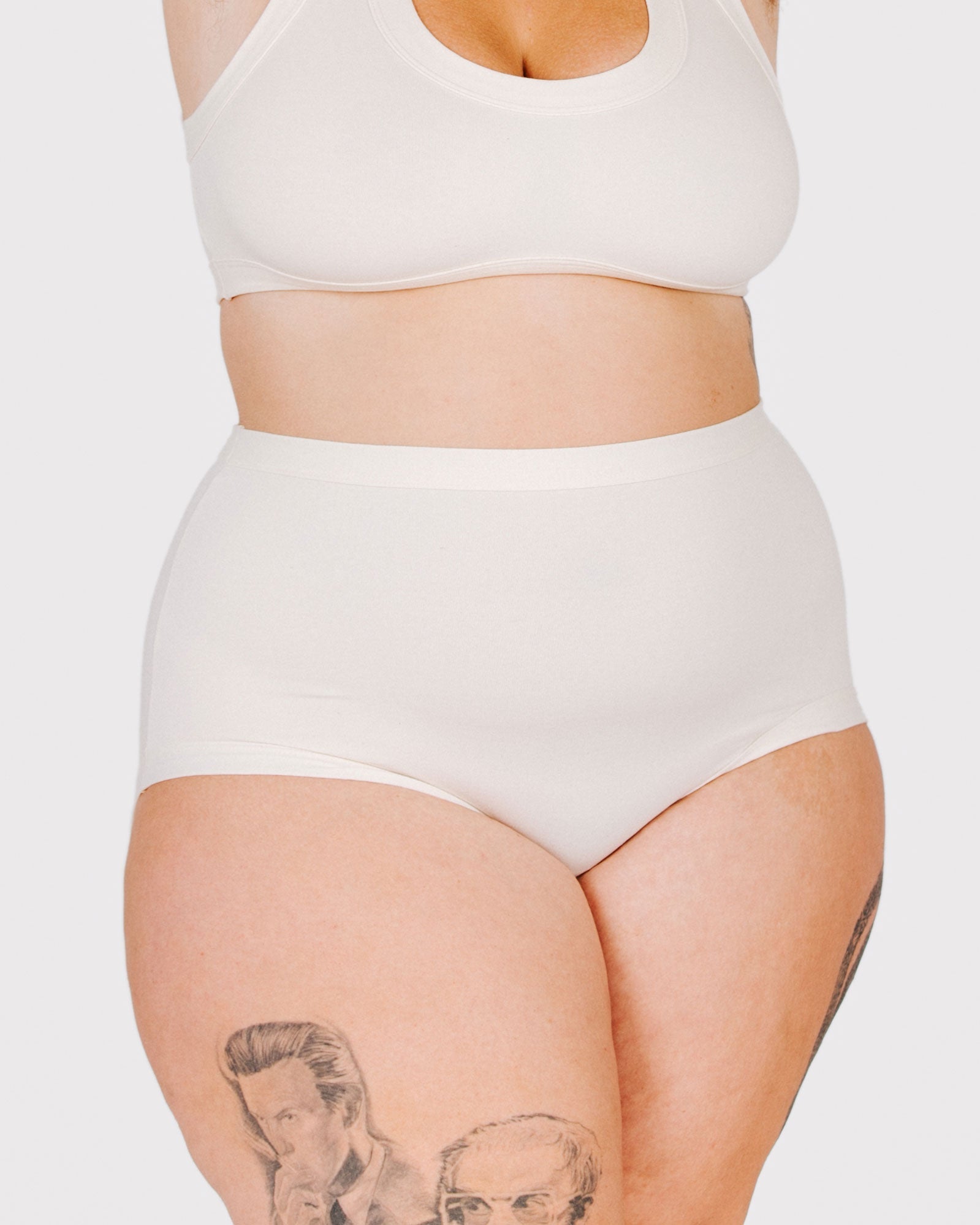 Fit photo from the front of Thunderpants organic cotton Original style underwear in off-white on a model.