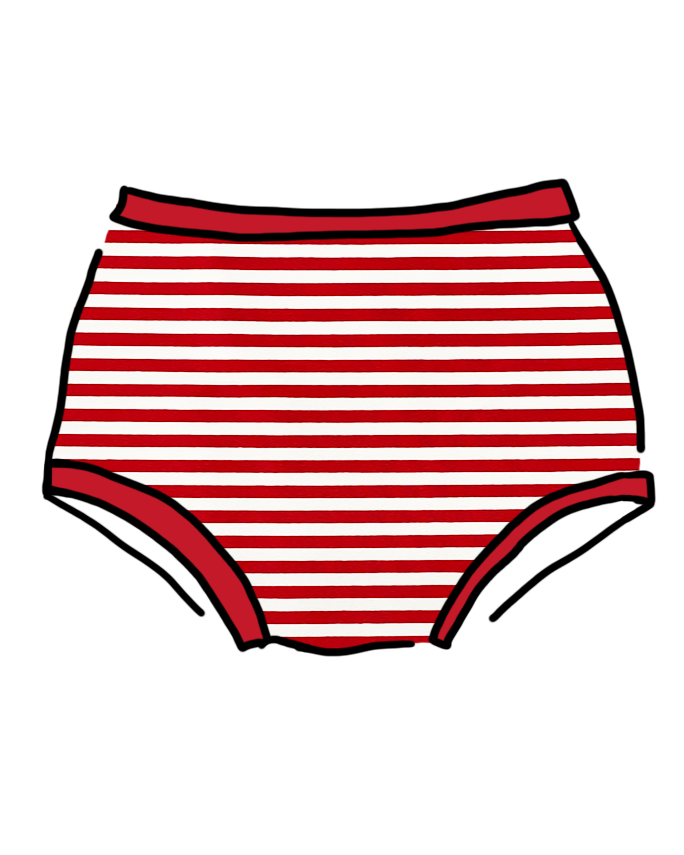 Drawing of Thunderpants organic cotton Women’s Original style underwear in red and white stripes.