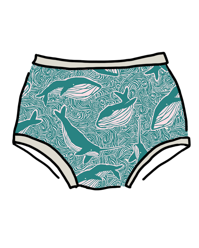 Drawing of Thunderpants organic cotton Original style underwear in Marine Whales: turquoise whales and ocean all over print.