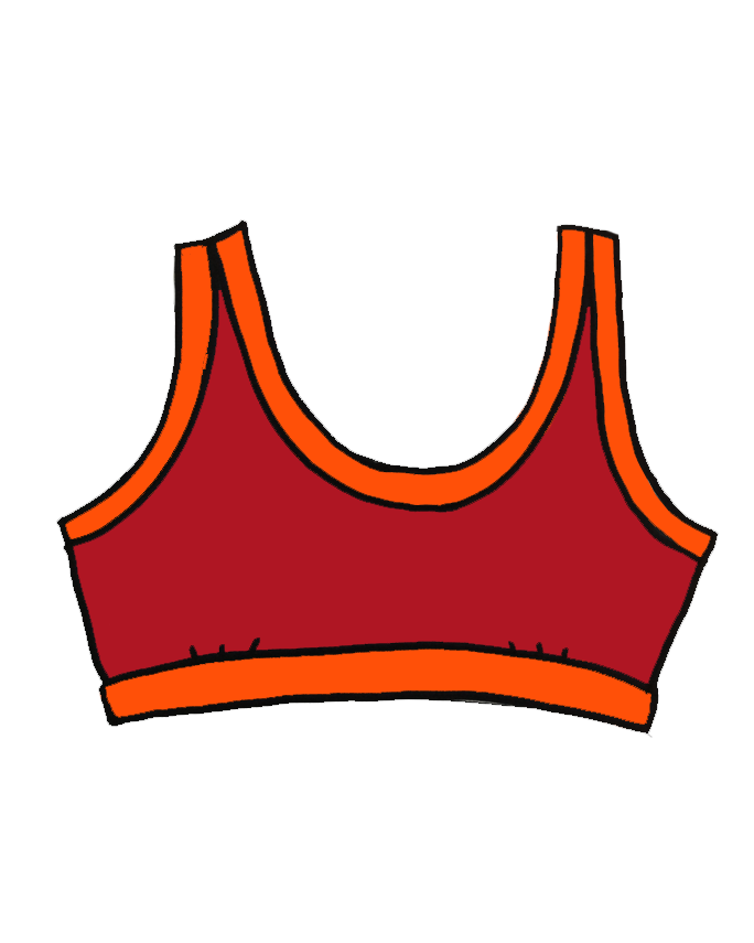 Drawing of Bralette in Pants on Fire: red with orange binding.