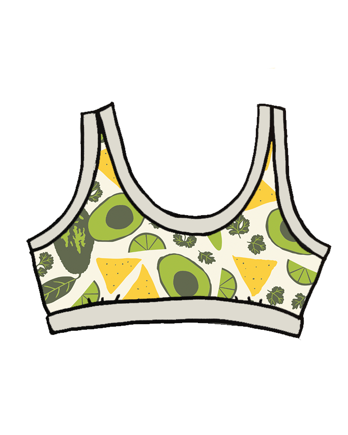 Drawing of Thunderpants organic cotton Bralette in a deconstructed guacamole (avocado, cilantro, pepper, lime, and tortilla chip) print.