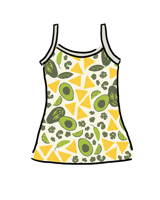 Drawing of Thunderpants Organic Cotton Camisole in Party Guac pattern: avocado, chips, peppers, and lime print in greens and yellow.