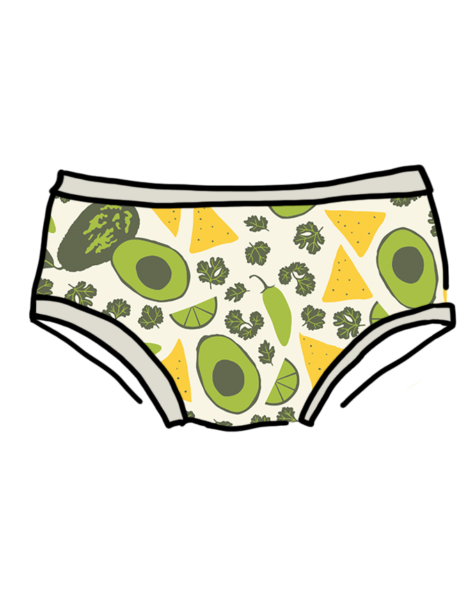 Drawing of Thunderpants organic cotton Hipster style underwear in a deconstructed guacamole (avocado, cilantro, pepper, lime, and tortilla chip) print.