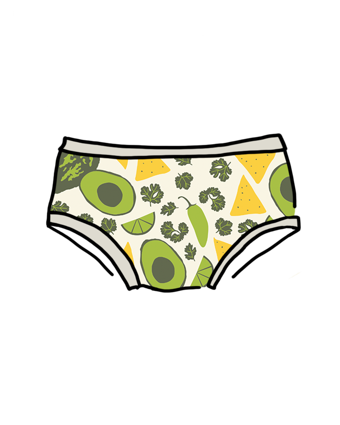 Drawing of Thunderpants Kids style underwear in Party Guac: a deconstructed guacamole (avocado, cilantro, pepper, lime, and tortilla chip) print.