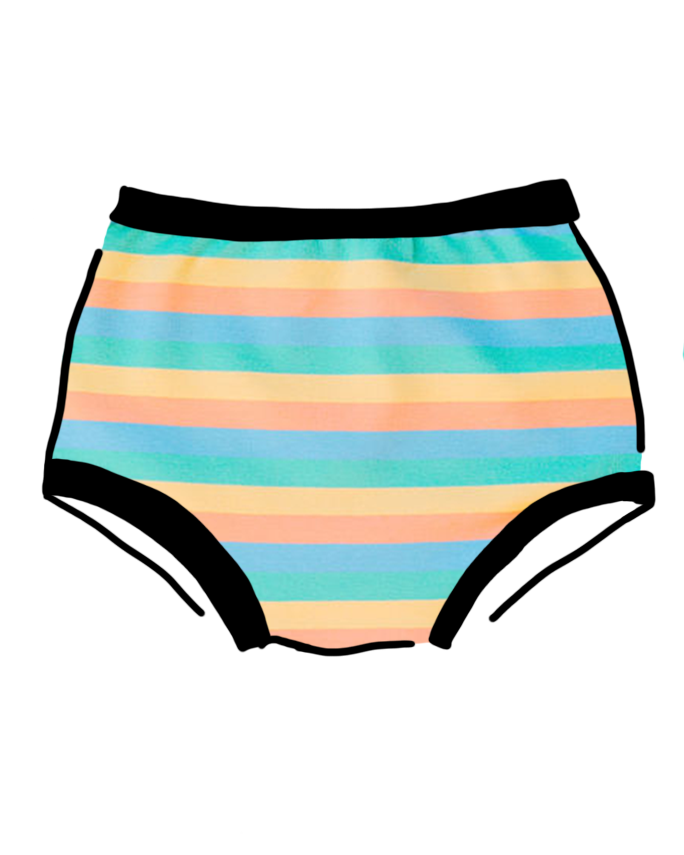 Drawing of Thunderpants organic cotton Original style underwear in Pastel Rainbow Stripes.