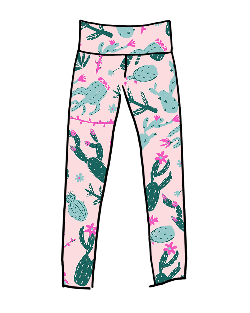 Drawing of Thunderpants organic cotton High Rise Extra Long Length Leggings in a pink and green cactus print.