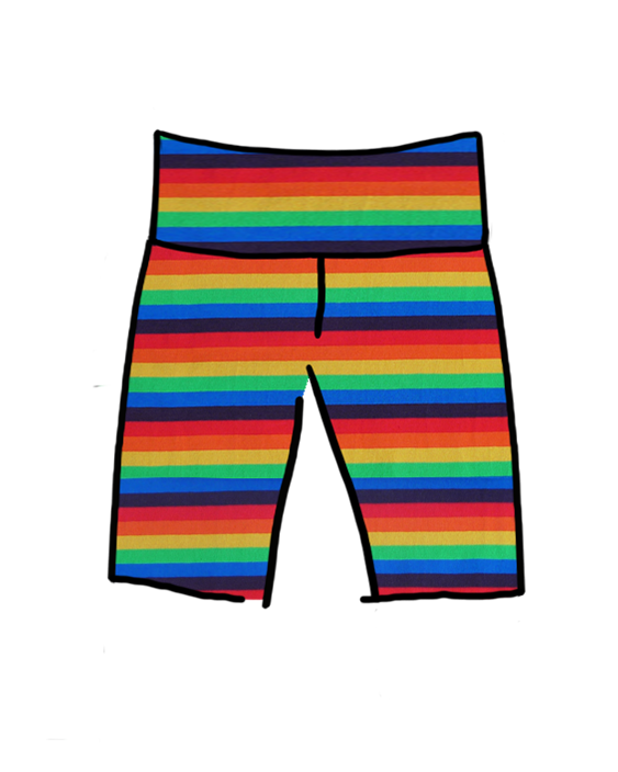 Drawing of Thunderpants organic cotton High Rise Bike Shorts in rainbow stripes.