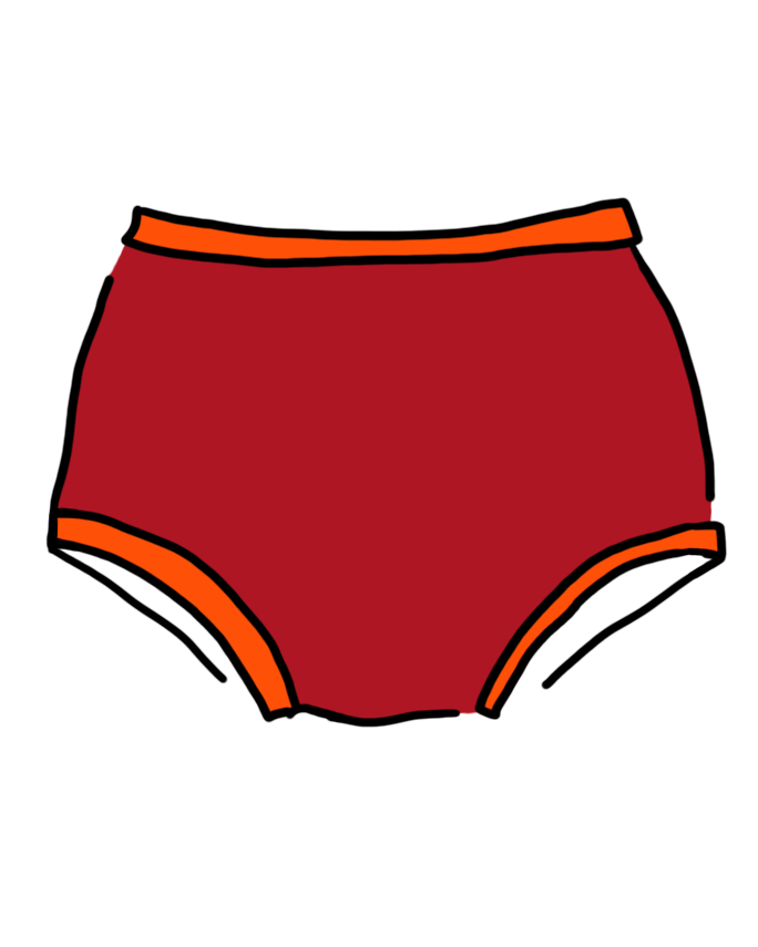 Drawing of Original style Pants on Fire: red with orange binding.