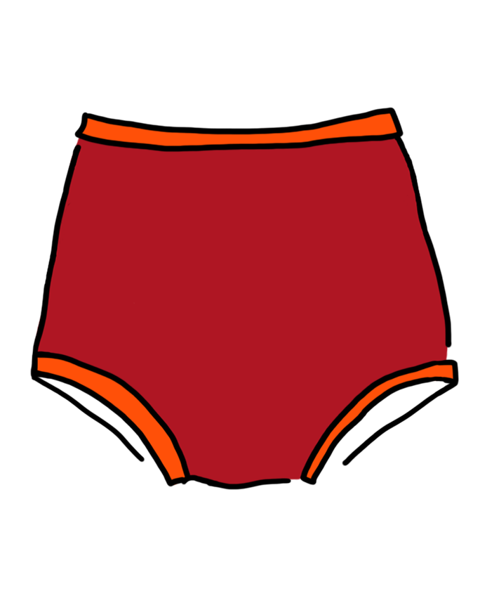 Drawing of Sky Rise style Pants on Fire: red with orange binding.
