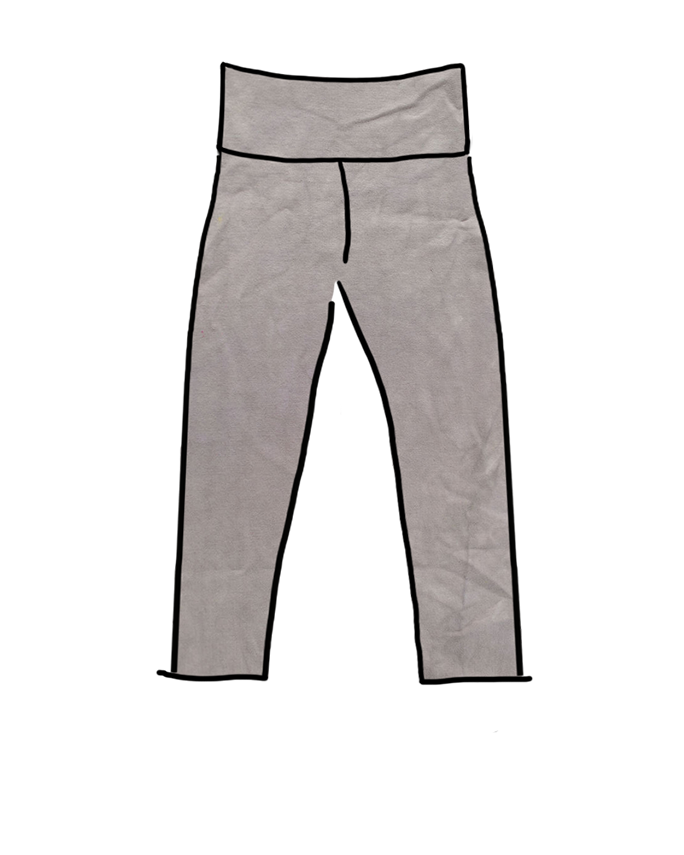 Drawing of Thunderpants Organic Cotton 3/4 Length Leggings in a hand dyed Shiitake color.