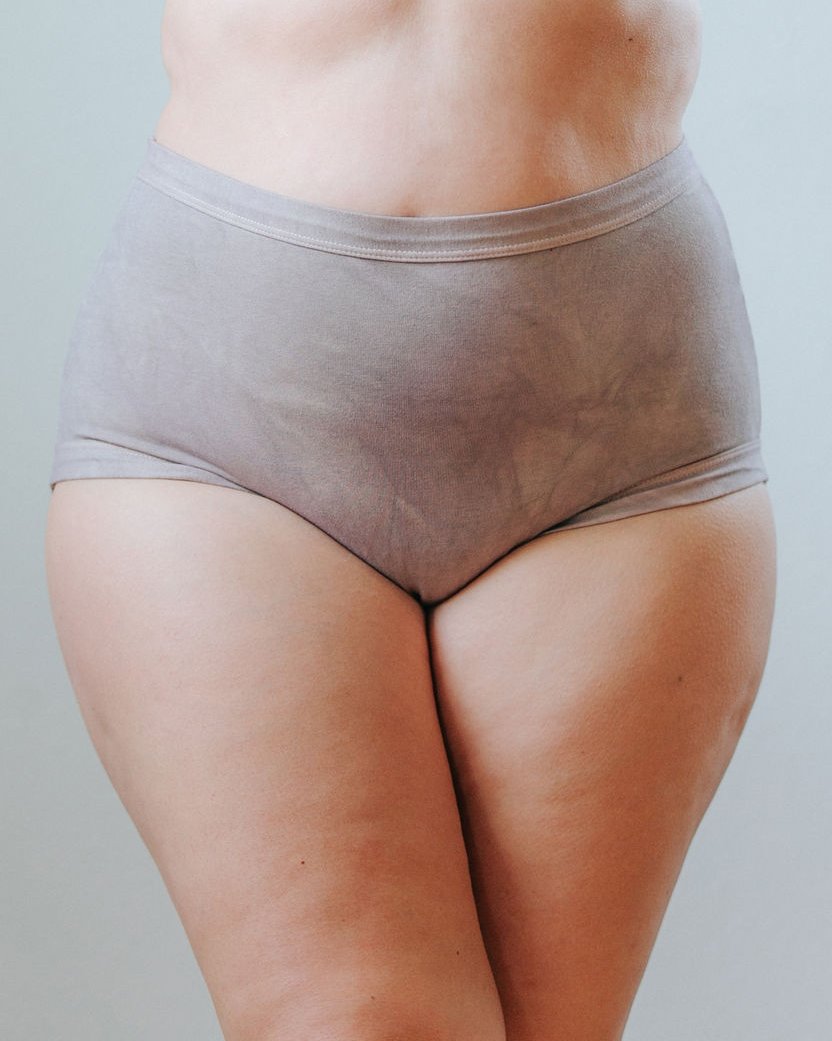 Front photo showing Thunderpants Organic Cotton original style underwear in hand dyed Shiitake color on a model.
