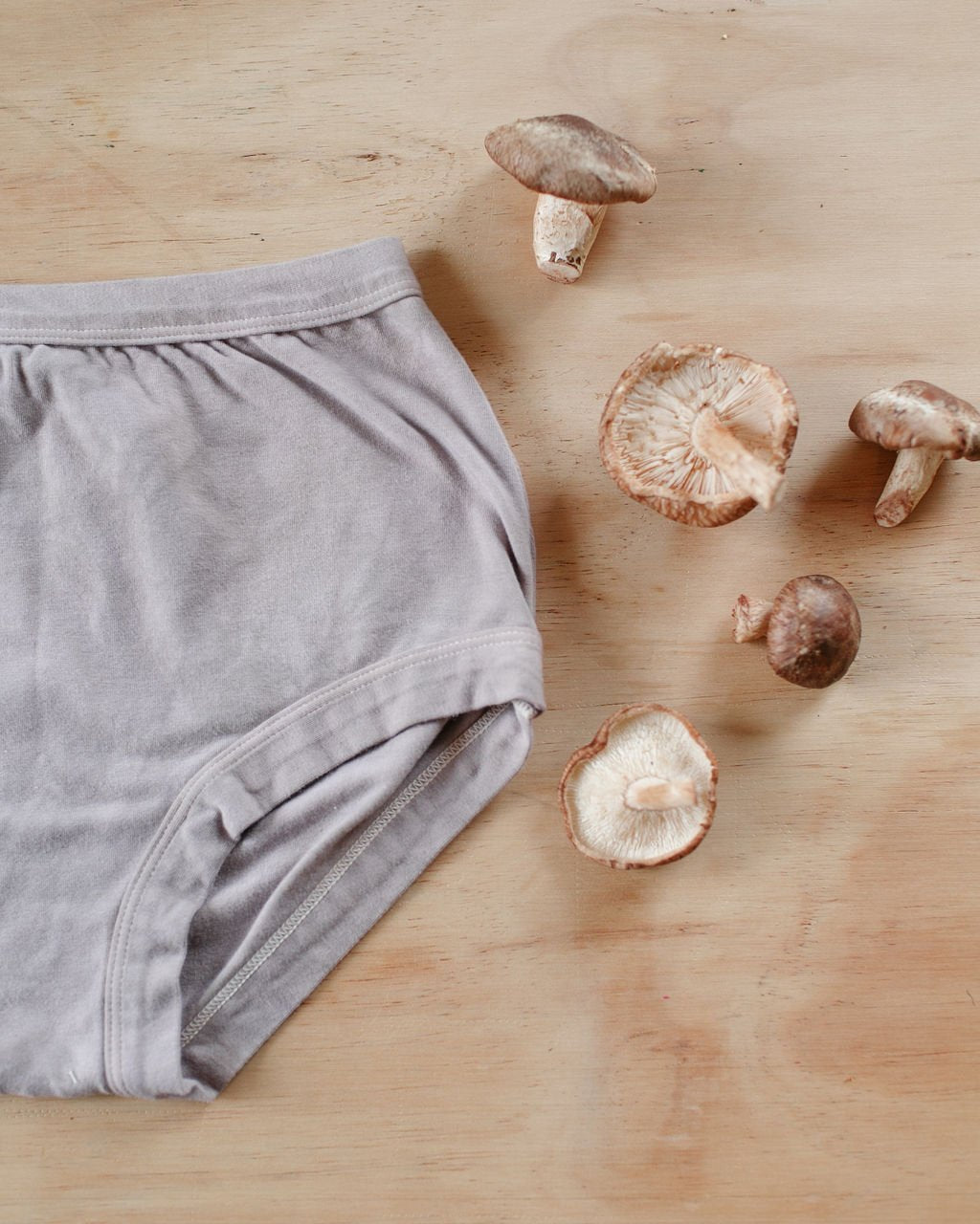 Flat lay of Thunderpants Organic Cotton Original underwear in hand dyed Shiitake color with shiitake mushrooms around.