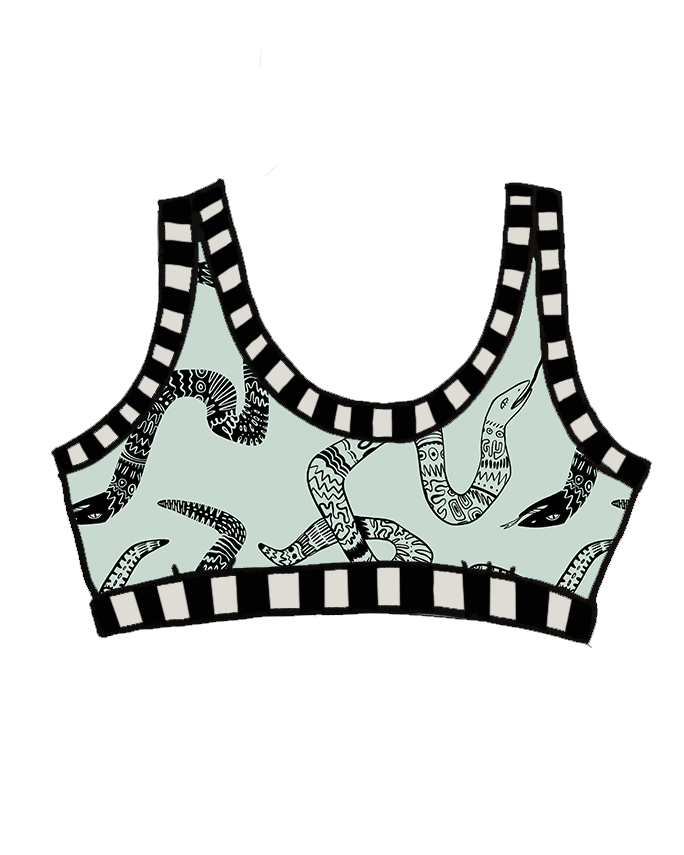 Drawing of Thunderpants Organic Cotton Bralette in Sketchy Snakes print: sage color with black sketched snakes and black and white stripe binding.