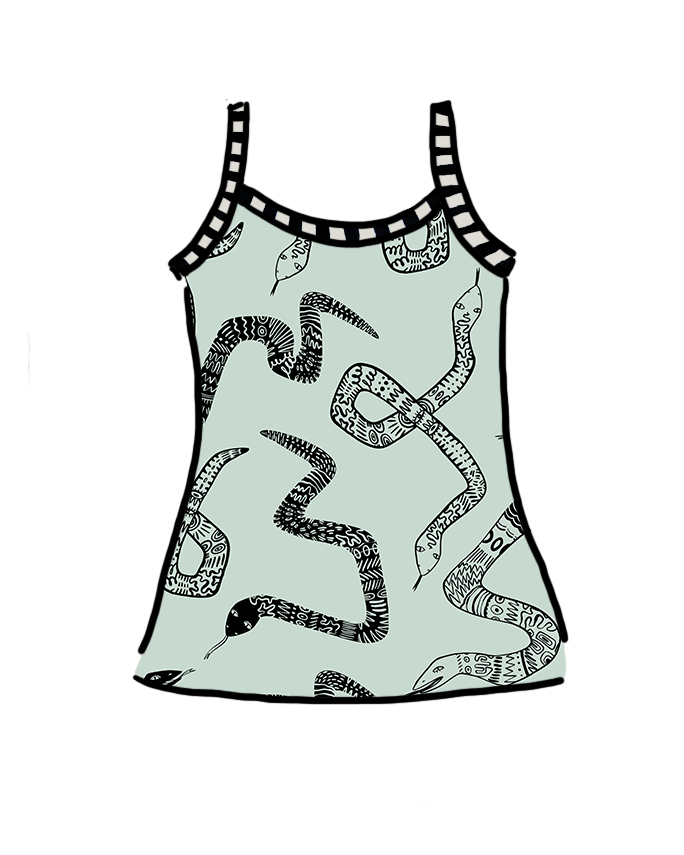 Drawing of Thunderpants Organic Cotton Camisole in Sketchy Snakes print: sage color with black sketched snakes and black and white stripe binding.