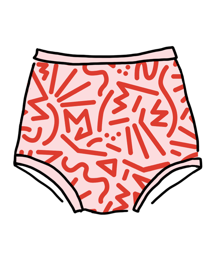 Drawing of Thunderpants Organic Cotton Sky Rise style underwear in Energy Vibes print: large red squiggles printed on Perfect Pink.