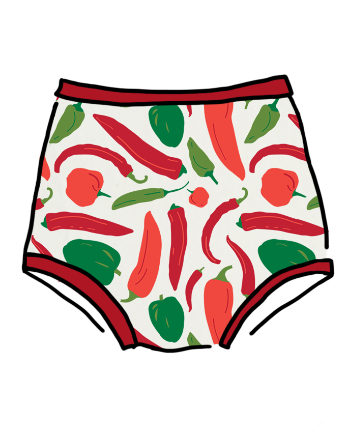 Drawing of Thunderpants Organic Cotton Sky Rise style underwear in Hot Pants print: various green, orange, and red peppers printed on Vanilla with red binding.