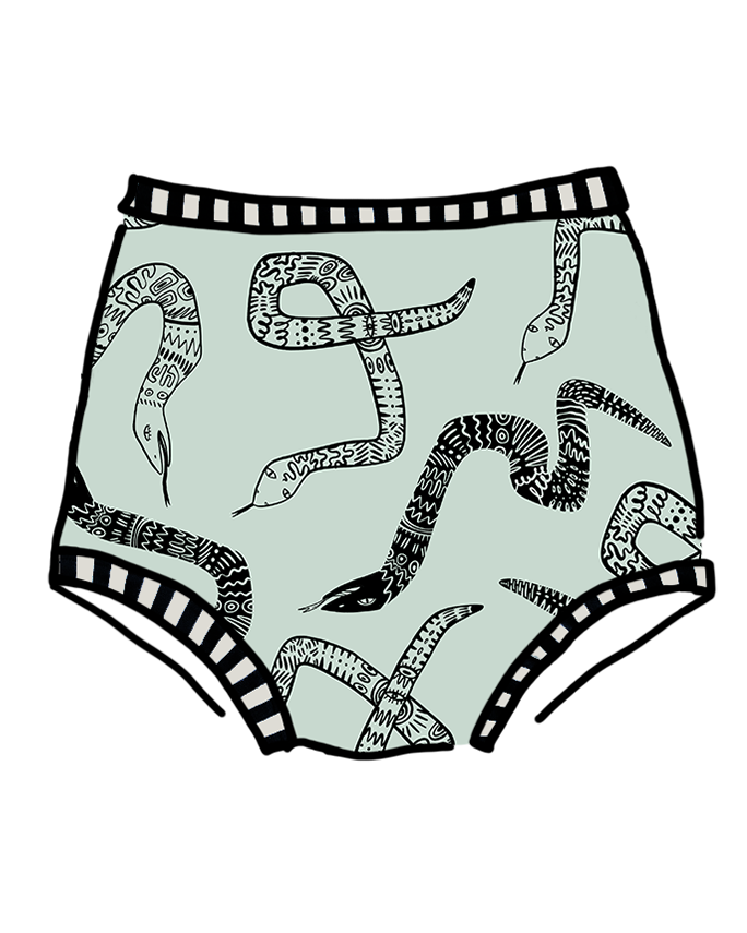 Drawing of Thunderpants Organic Cotton Sky Rise style underwear in Sketchy Snakes: sage color with black sketched snakes and black and white stripe binding.