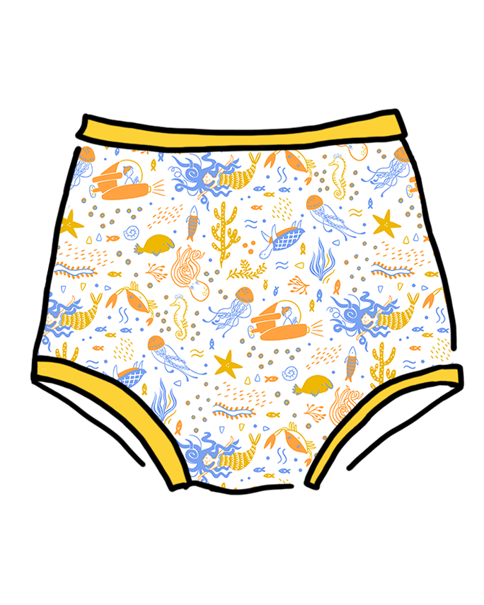 Drawing of Thunderpants Organic Cotton Sky Rise style underwear in Under the Sea print: Vanilla with blue, orange, and gold underwater prints and Golden Yellow binding.