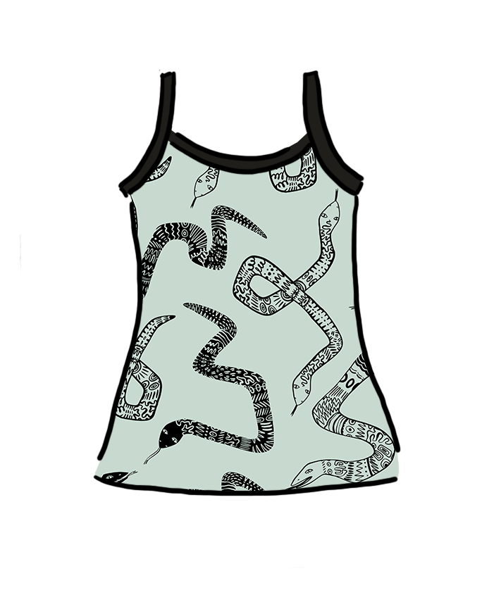 Drawing of Snake our Camisole in the Sketchy Snake pattern: dried sage color with black snakes on it and black binding.