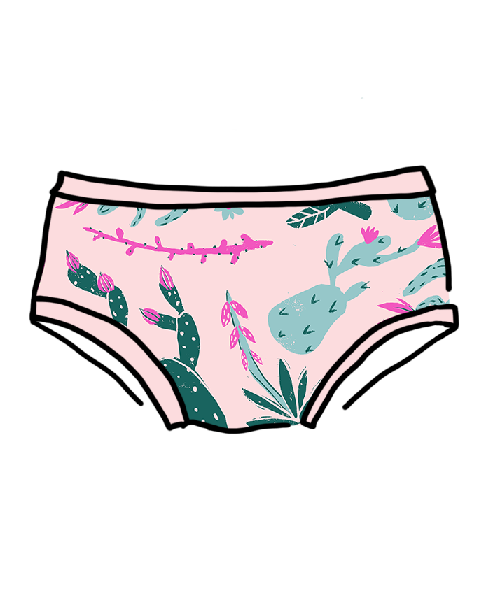 Drawing of Thunderpants organic cotton Hipster style underwear in a pink and green cactus print.