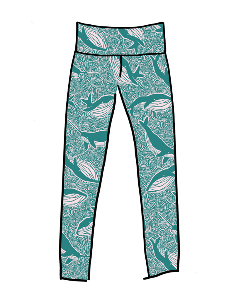 Drawing of Thunderpants organic cotton High Rise Extra Long Length Leggings in a teal whale print.