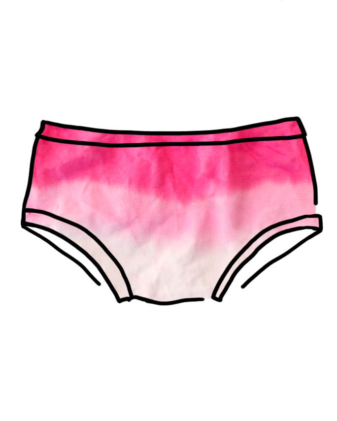 Drawing of Thunderpants organic cotton Hipster underwear in Valentine's Day Dip Dye ombre pinks.