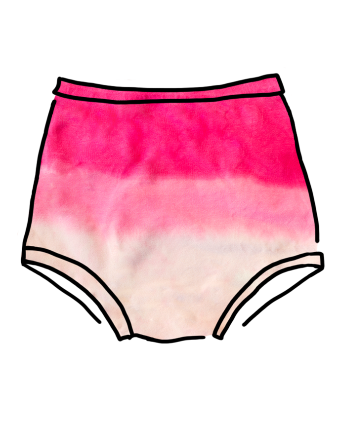 Drawing of Thunderpants organic cotton Sky Rise underwear in Valentine's Day Dip Dye ombre pinks.