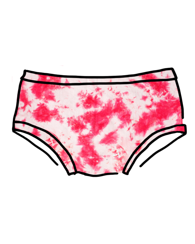 Drawing of Thunderpants Hipster style underwear with red and white scrunch dye.