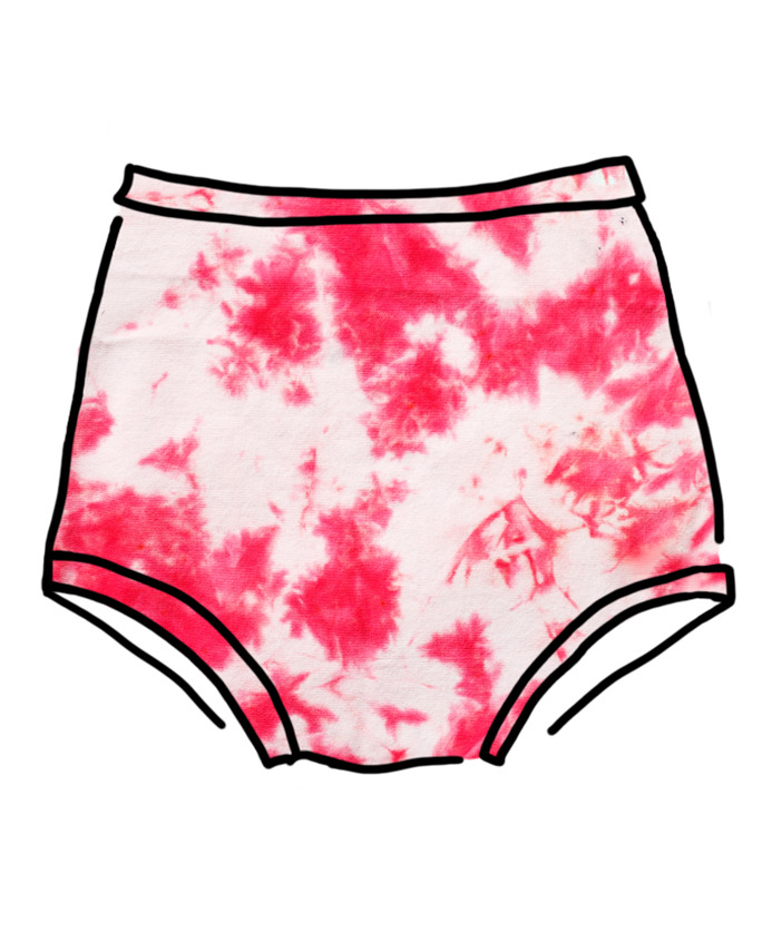Drawing of Thunderpants Sky Rise style underwear with red and white scrunch dye.