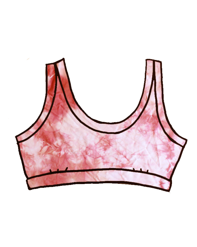 Drawing of Thunderpants organic cotton Bralette in limited edition hand dyed pink shibori tie dye.