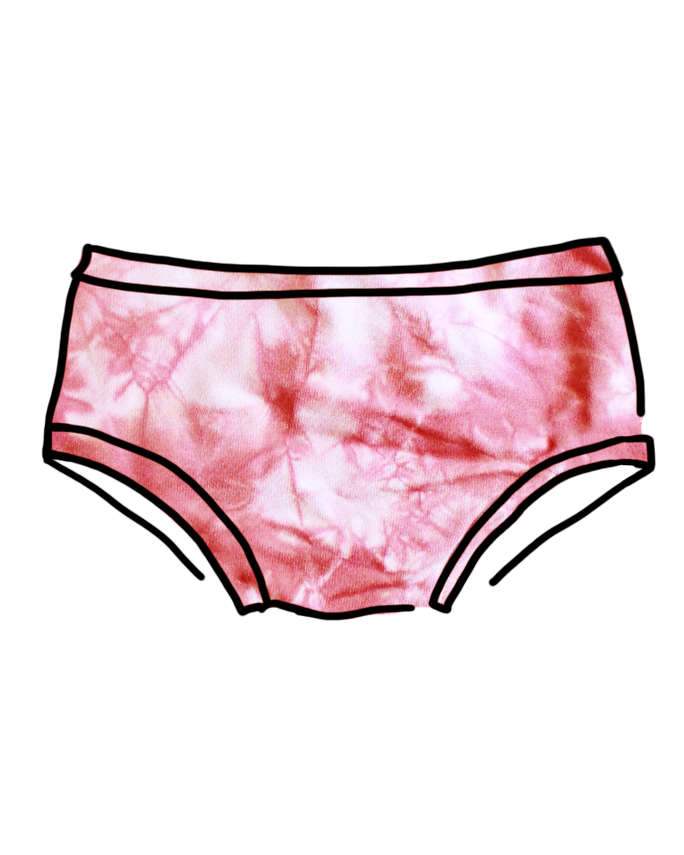 Drawing of Thunderpants organic cotton Women’s Hipster style underwear in limited edition hand dye pink tie dye.